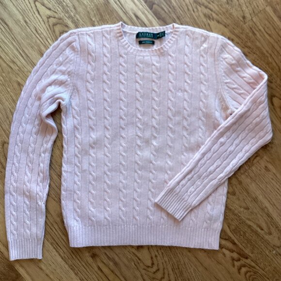 LAUREN RALPH LAUREN 100% CASHMERE PINK CABLEKNIT SWEATER M PREPPY CLASSIC COZY - Picture 1 of 3